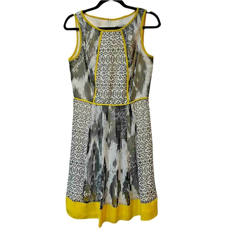 Leslie Fay Sleeveless Fit & Flare Dress Black & White Abstract w/Yellow Womens 6